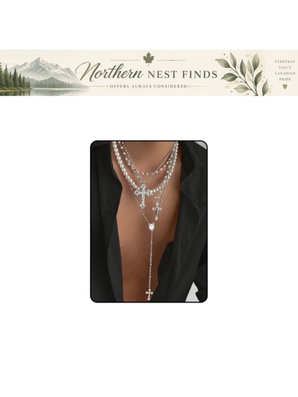 Layered Cross Necklace Set 4Pc Faux Pearl Chunky Christian Pendant Adjustable